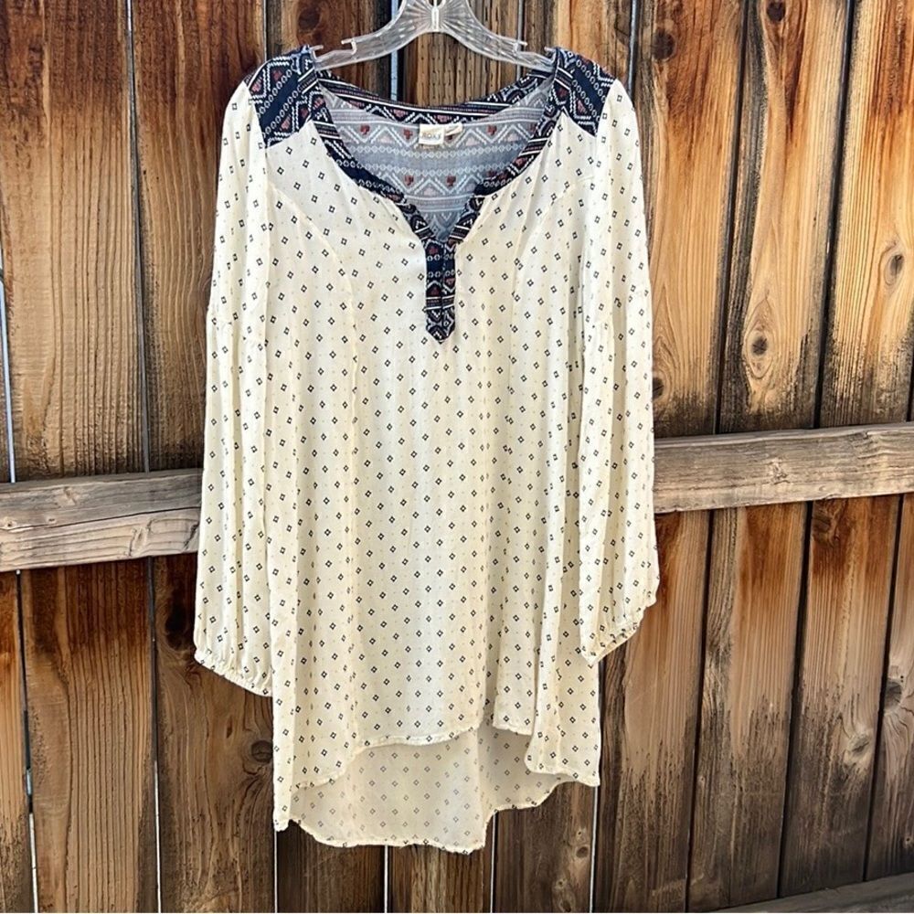 Roxy tunic dress hi-lo cream blue semi-sheer long sleeve India Sz Small